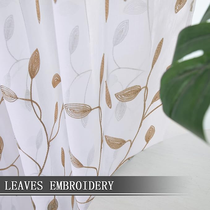 Tollpiz Leaves Sheer Curtains Taupe Leaf Embroidery Bedroom Curtain Rod Pocket - Image 3