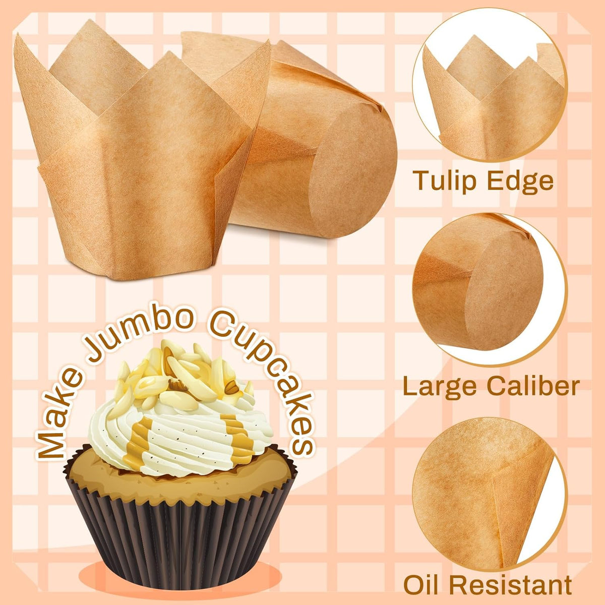600 Pcs Jumbo Muffin Liners for Baking 2-1/4" x 4" Large Tulip Cupcake Liners Greaseproof Cupcake Wrapper Paper for Weddings Birthday Christmas Anniversaries Party (Light Brown)