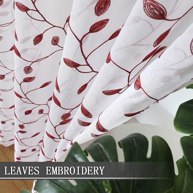 Tollpiz Leaves Short Sheer Curtain Burgundy Red Leaf Embroidery Bedroom - Image 3