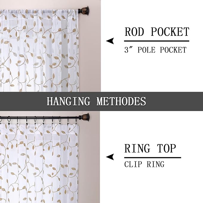 Tollpiz Leaves Short Sheer Curtains Taupe Leaf Embroidery Bedroom Curtain Rod - Image 5