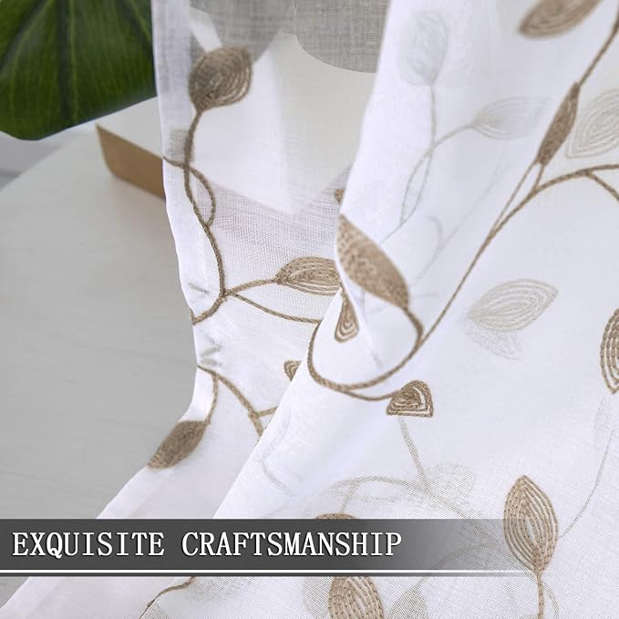 Tollpiz Leaves Short Sheer Curtain Taupe Leaf Embroidery Living Room Curtains - Image 6