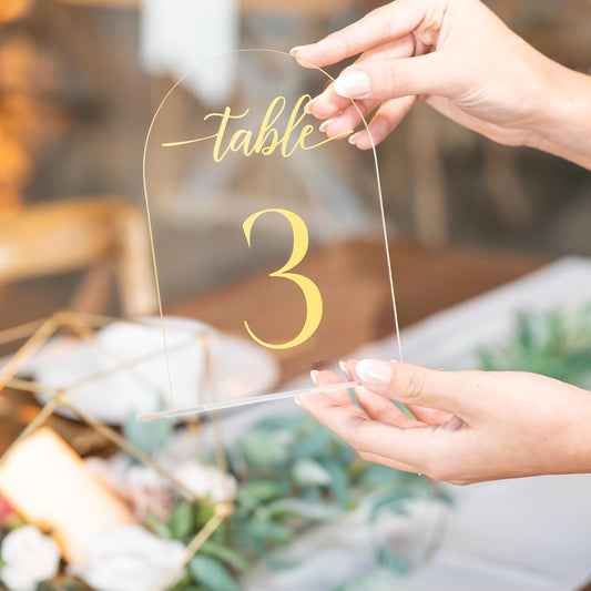Clear Arch Acrylic Table Numbers for Wedding Reception - 5" x 7" Gold Font Centerpiece Set with Holder Stands & Head Table Sign - Anniversary, Event, Party, Wedding 1-15