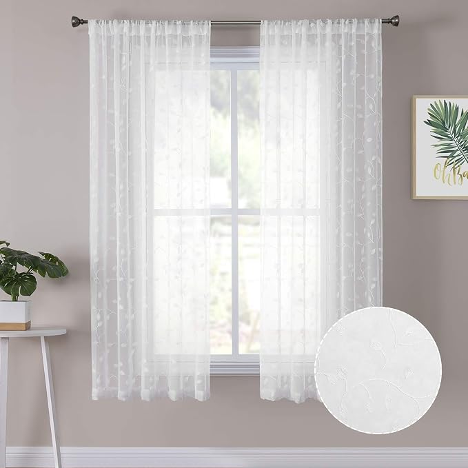 Tollpiz Leaves Short Sheer Curtain White Leaf Embroidery Living Room Curtains by Tollpiz