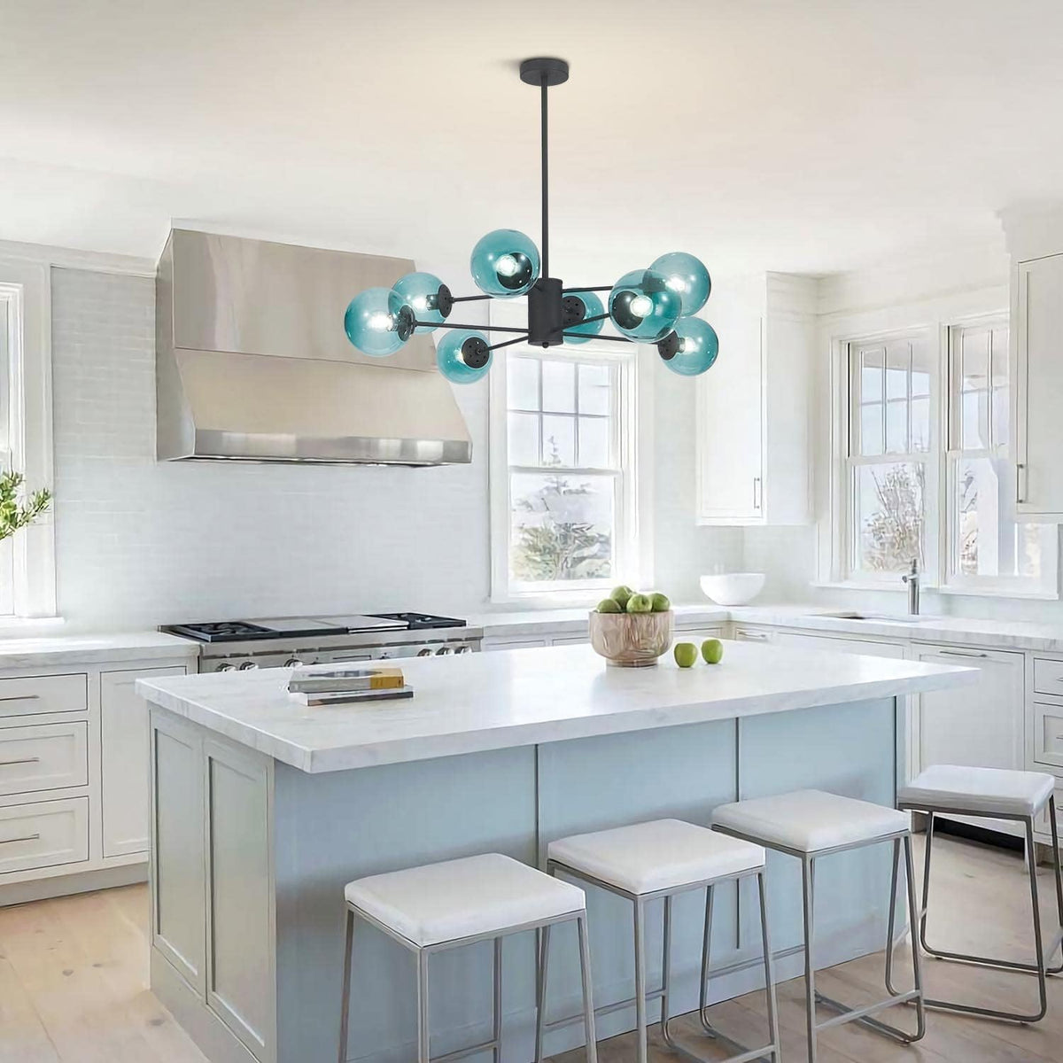 KCO Lighting Modern 8-Lights Blue Glass Sputnik Chandelier Mid-Century Matte Black Globe Flush Mount Chandelier Industrial Large Glass Ball Sputnik Chandelier Pendant Lamp (Black+Blue)