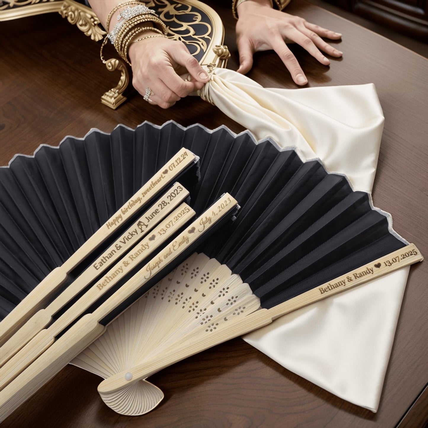 50Pcs Personalized Silk Fans Folding Hand Fan, Custom Wedding Bridal Party Favors, Summer Wedding Bride, Wedding Gift, Thank You Gift (Black)