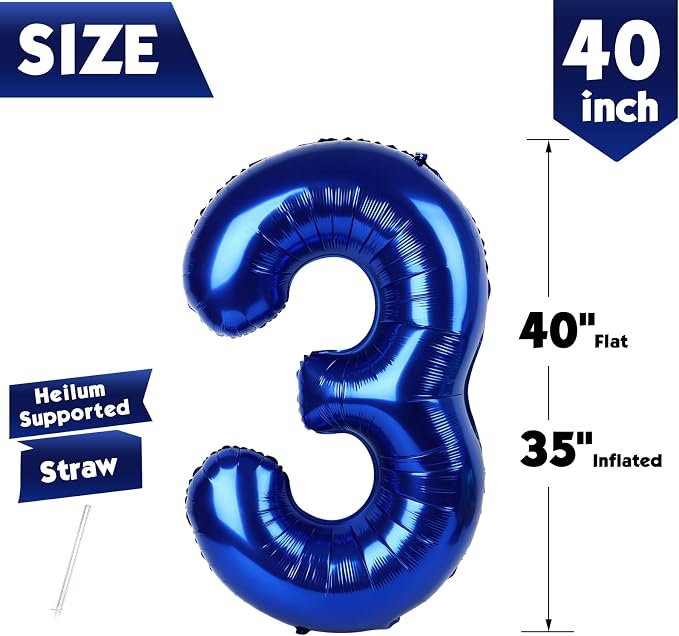 40 Inch Night Blue Number 3 Balloon, 3rd Blue Birthday Party Decorations | 40 - Image 5