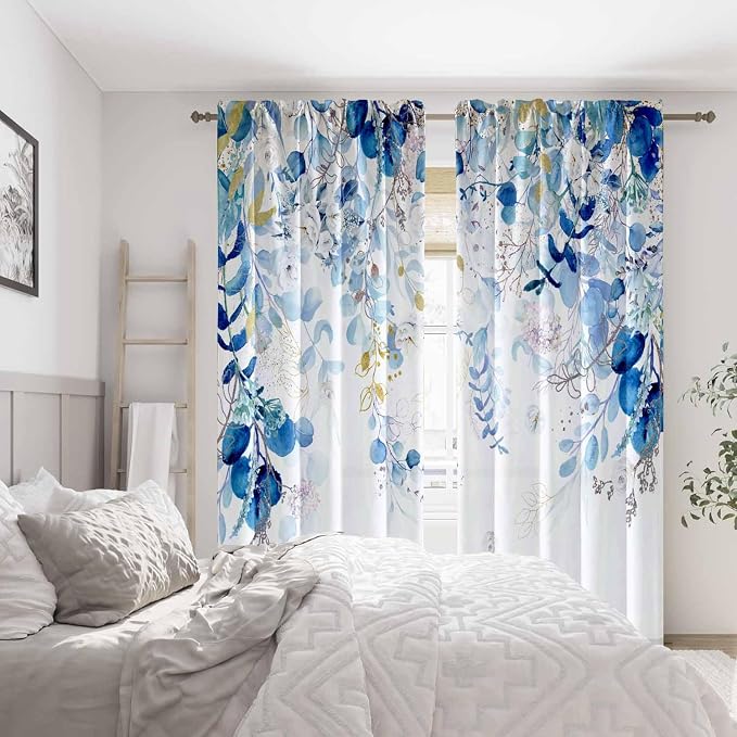 Blue and White Curtains for Living Room Spring Summer Blue Eucalyptus Leaves - Image 5
