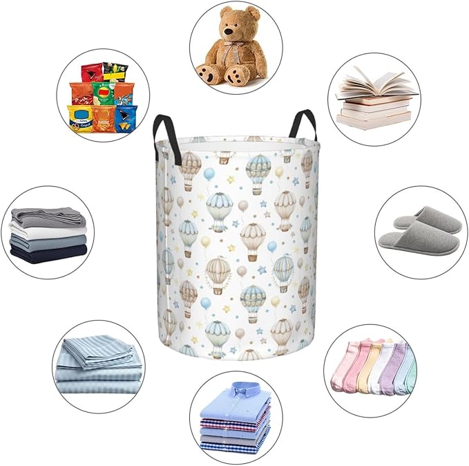 Watercolor Hot Air Balloon Round Laundry Hamper Storage Basket Toys Clothes - Image 9