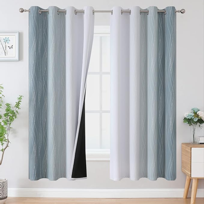 Stone Blue and Greyish White Blackout Curtains 72 Inch Length 2 Panels Set by ESTELARTEXTILER