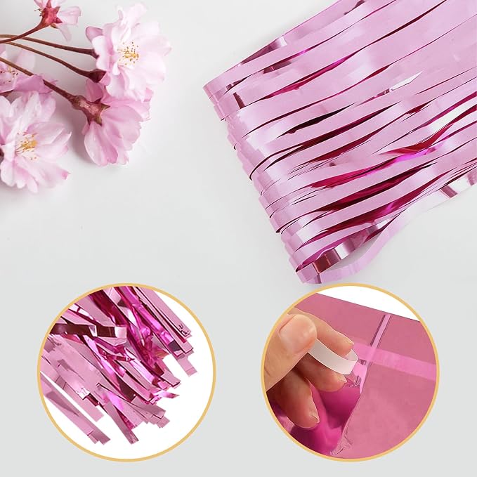 5 Pack Pink Fringe Foil Curtain 3.2ft x 8.2ft Tinsel Backdrop Streamers - Image 4