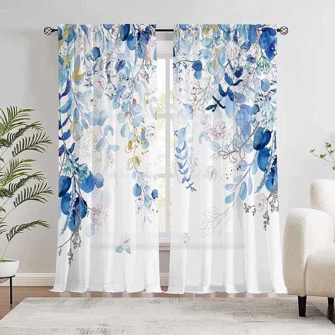 Blue Eucalyptus Curtains for Living Room 84" Length Watercolor Leaf Plant by GOLDLAWN