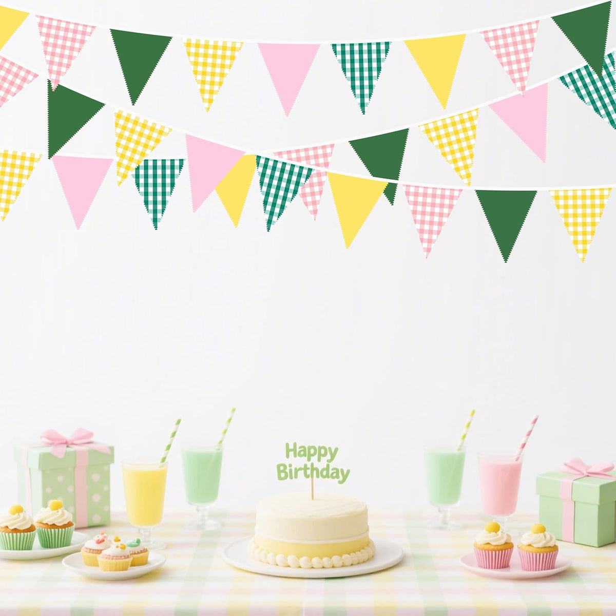 32Ft Camp Bride Party Decorations Pink Green Yellow Gingham Fabric Triangle Banner Flag Plaid Pennant Garland Streamers for Camping Bachelorette Glamping Baby Shower Picnic Birthday Decor Supplies