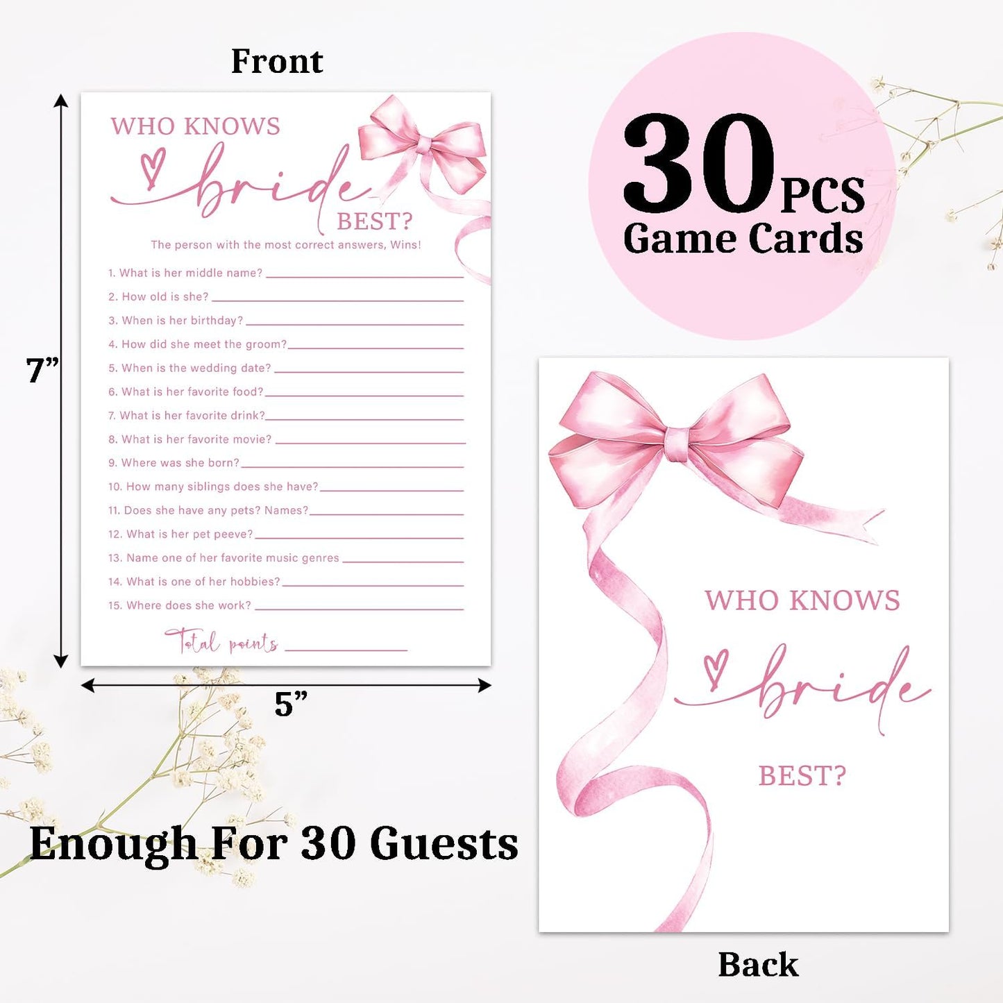 Pink Bow Wedding Shower Games Cards, Bridal Shower Games 30 Guest, Engagement Party Wedding Game for Reception Dinner Activities/HL 001