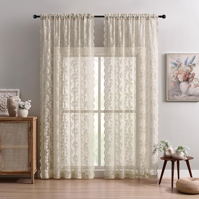 FOLKSIDE Khaki Lace Curtains 84 Inches Long 2 Panels Neutral Paisley Floral - Image 2