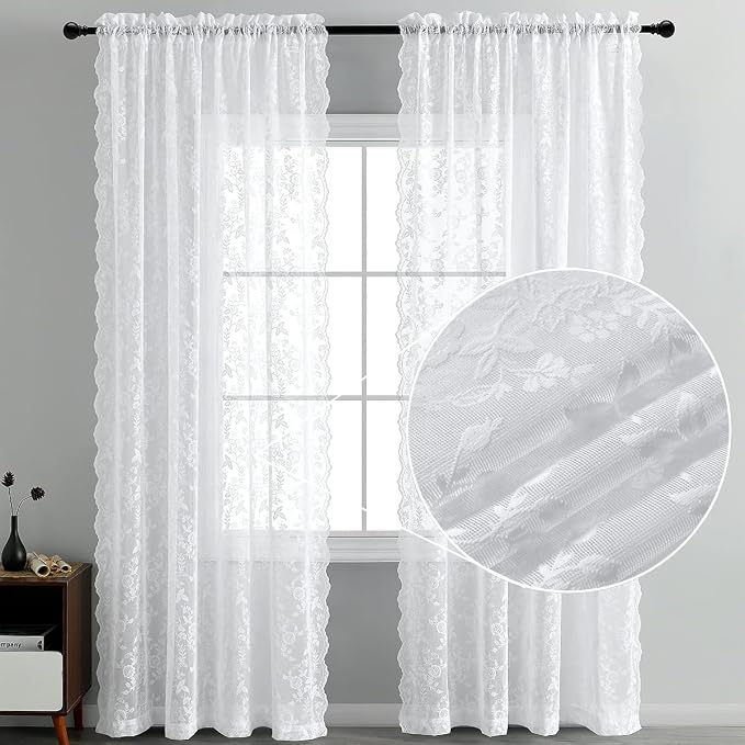 FINECITY White Floral Lace Curtains - Image 3