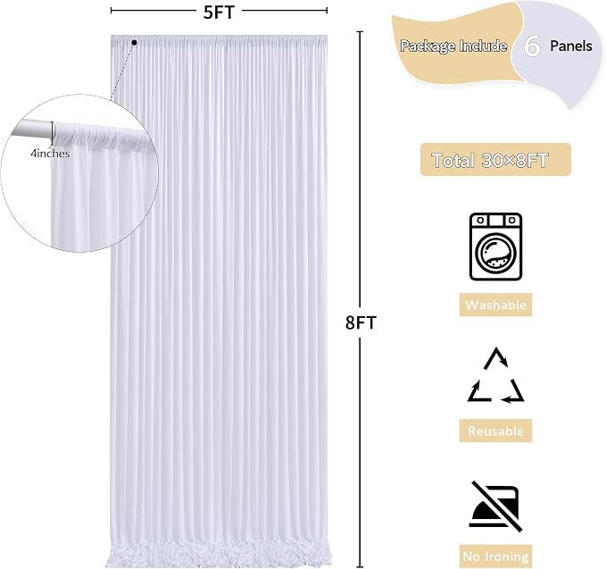 30 ft x 8 ft White Backdrop Curtain Drapes - Image 5