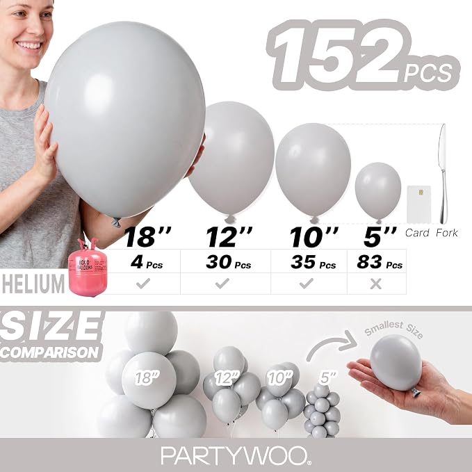 PartyWoo Gray Balloons 152pcs Matte Gray Latex Balloons Different Sizes | 18 12 - Image 6