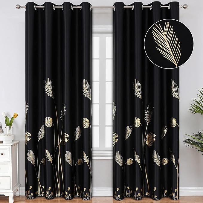 Black Blackout Curtains 108 Inches Length Gold Leaf and Wheat Pattern Window by ESTELARTEXTILER