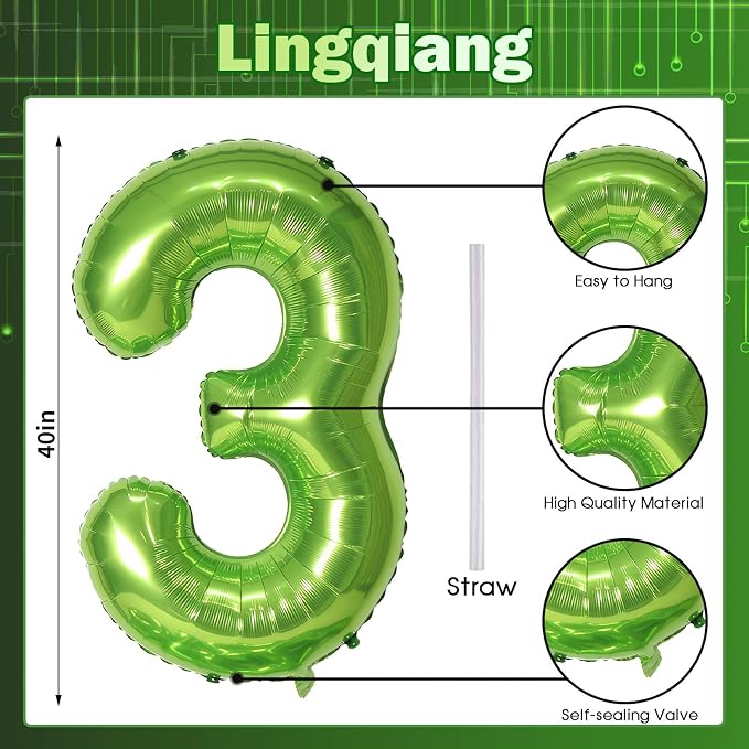 40 Inch Green Large Numbers Balloons 3, Self Inflating Digit 3 Helium Balloons - Image 2