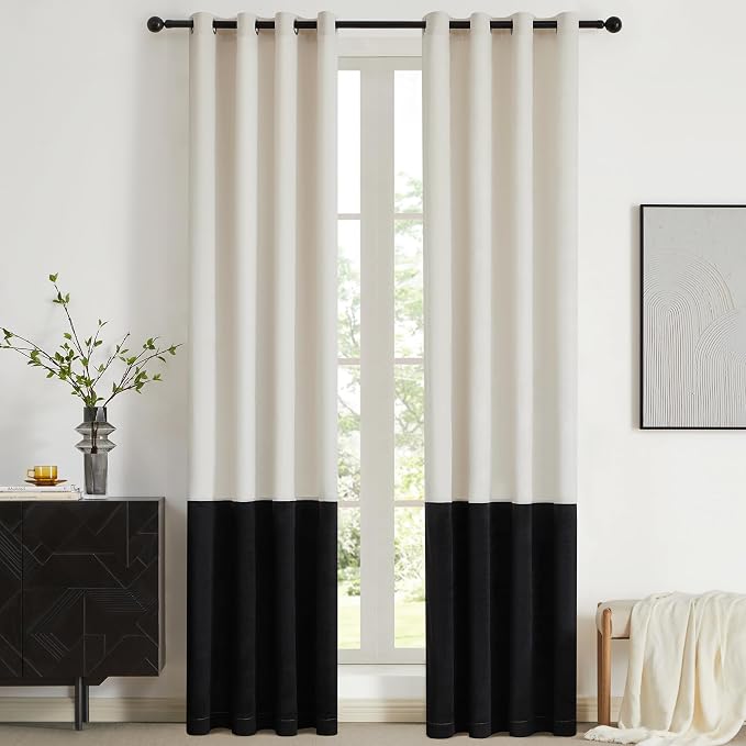 Modern Cream White Black Decorative Velvet Curtains 96 inches 2 Panels | Color by ModernShinyVelvetCurtains