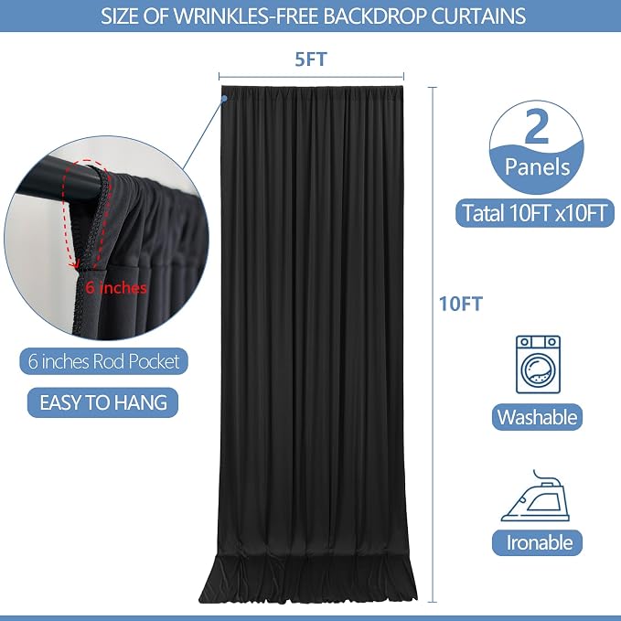 10x10ft Wrinkle Free Black Backdrop Curtain - Image 3