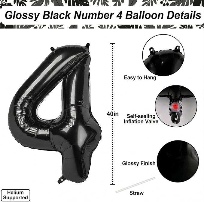 Black Number 4 Balloon 40 Inch, Sharp Metallic Foil Digit Party Supplies | - Image 4