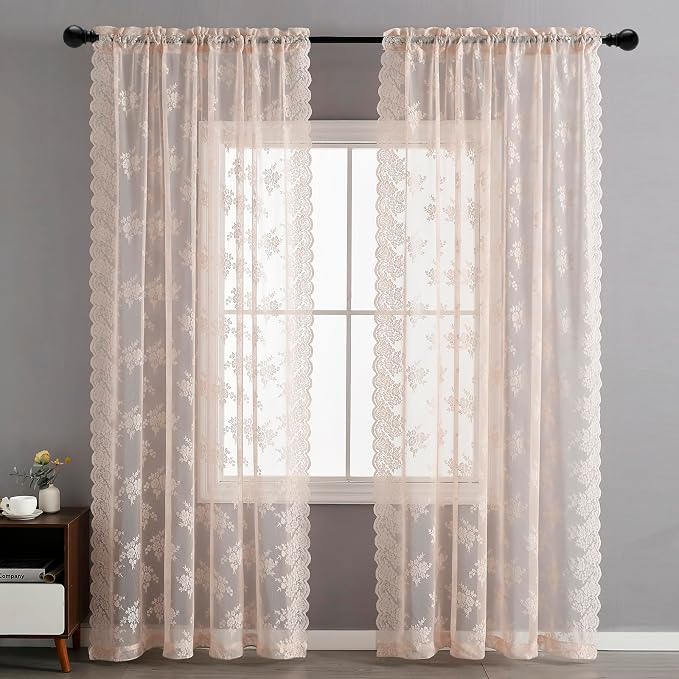 Kotile Blush Pink Floral Lace Curtains - Image 2