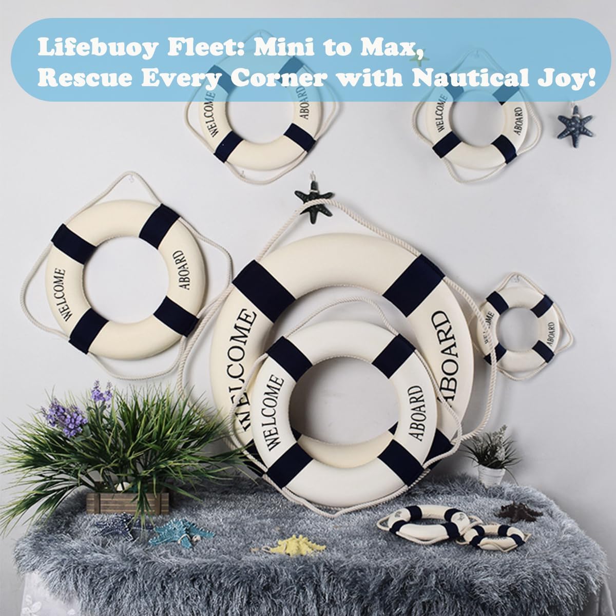 MorroMorn Lifebuoy Wall Hanging Decor - Welcome Aboard Mediterranean Style Home Decoration (Navy, 8")
