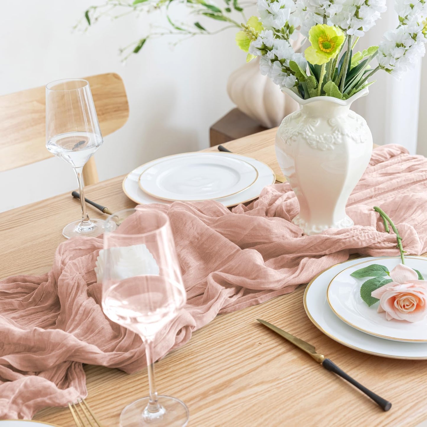 Asee'm 3pcs Cheesecloth Table Runner 120 Inches Dusty Pink Boho Gauze Cheese Cloth Runner 10FT Rustic Sheer Fall Table Runners for Thanksgiving Wedding Baby Shower Holiday Party Decoration
