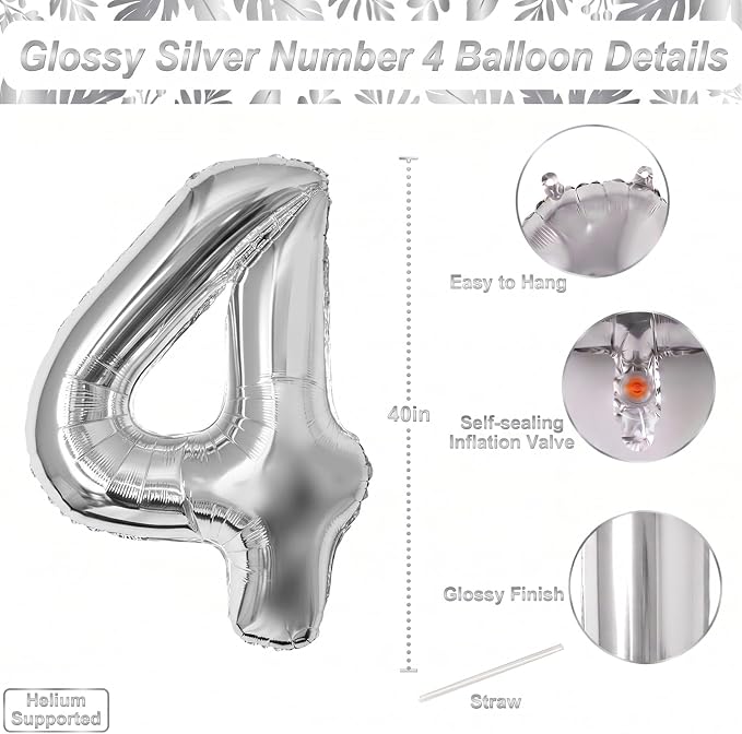 Silver Number 4 Balloon 40 Inch, Sleek Metal Foil - Image 4