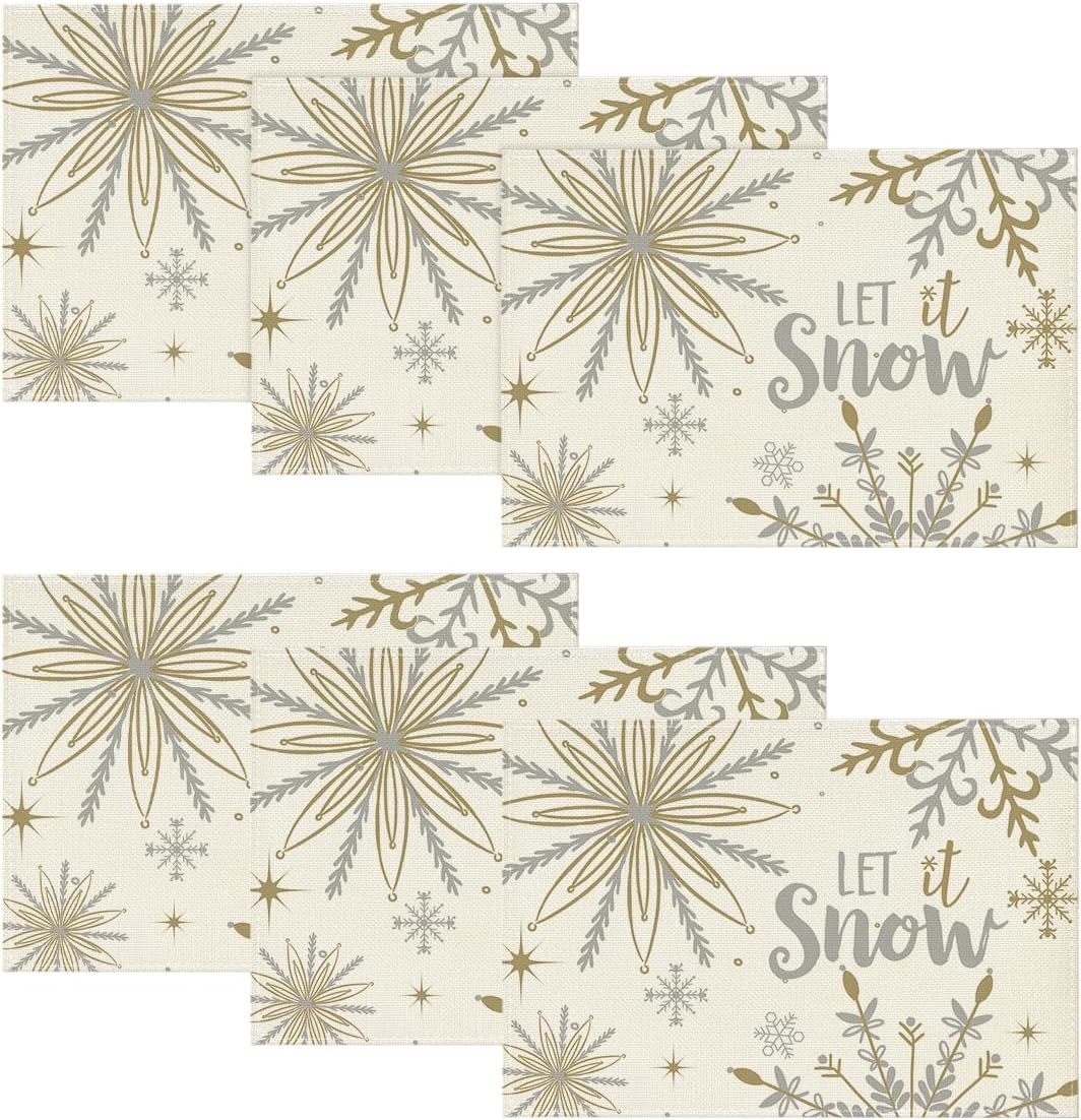 Artoid Mode Beige Snowflake Let It Snow Winter Placemats Set of 6, 12x18 Inch Seasonal Christmas Table Mats for Party Kitchen Dining Decoration