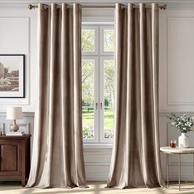 BULBUL Taupe Velvet Blackout Curtains 96 inch Long by ModernShinyVelvetCurtains