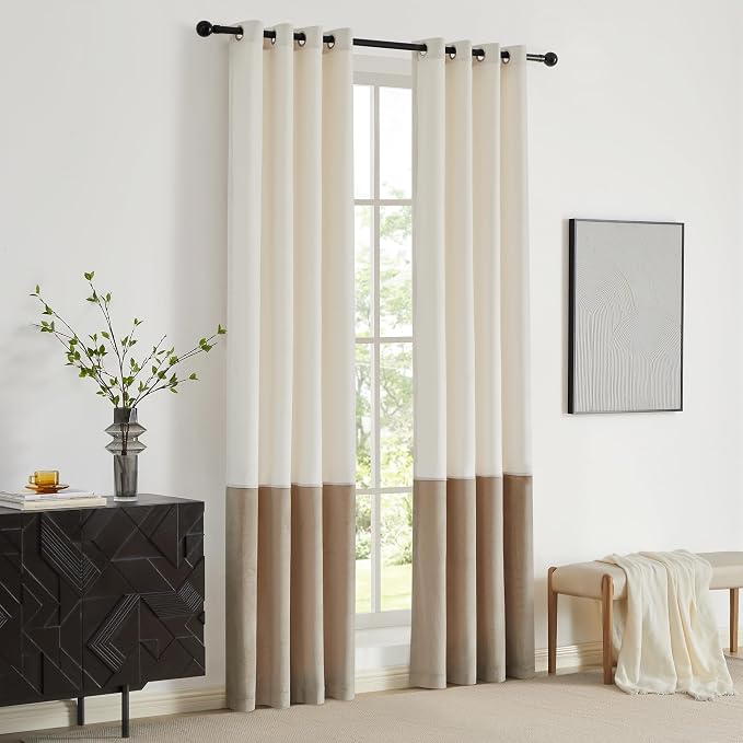 BULBUL Cream Ivory Champagne Luxury Velvet Curtains 102 inch, Color Block | - Image 4