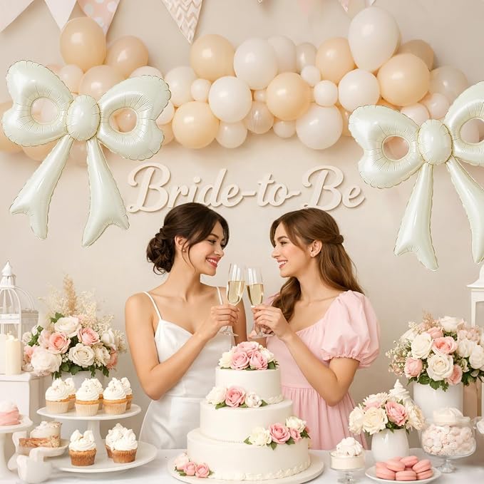 4 Pcs Cream Bow Balloons, 31”Huge Beige Bow Aluminum Foil Balloons - Image 2