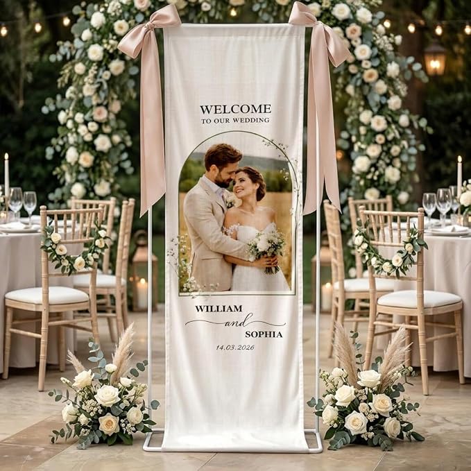 Personalized Wedding Welcome Banner Linen – Custom Names & Date, Elegant Fabric - Image 2