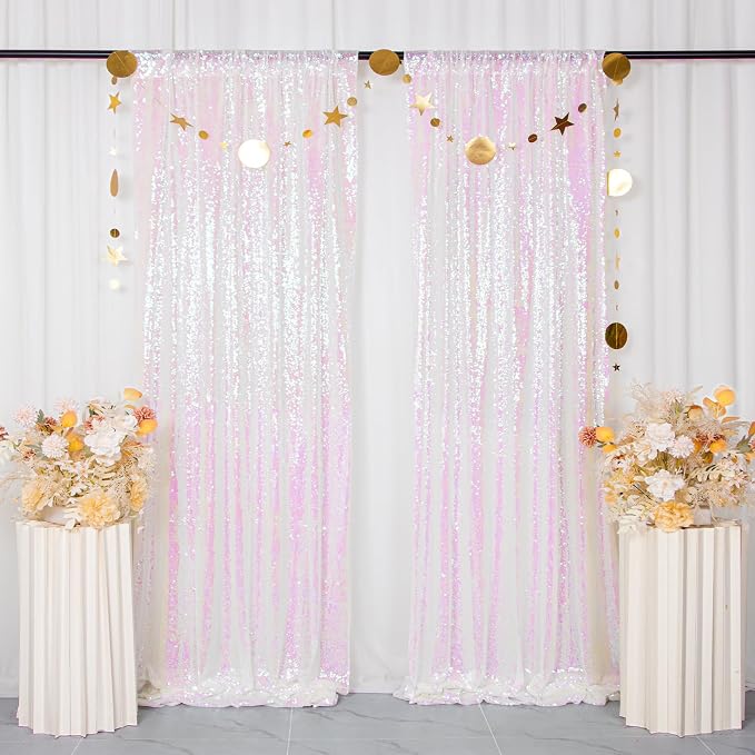 ShinyBeauty Iridescent White Backdrop Curtains 7FTx7FT 2 Panels Sequin Curtains - Image 2