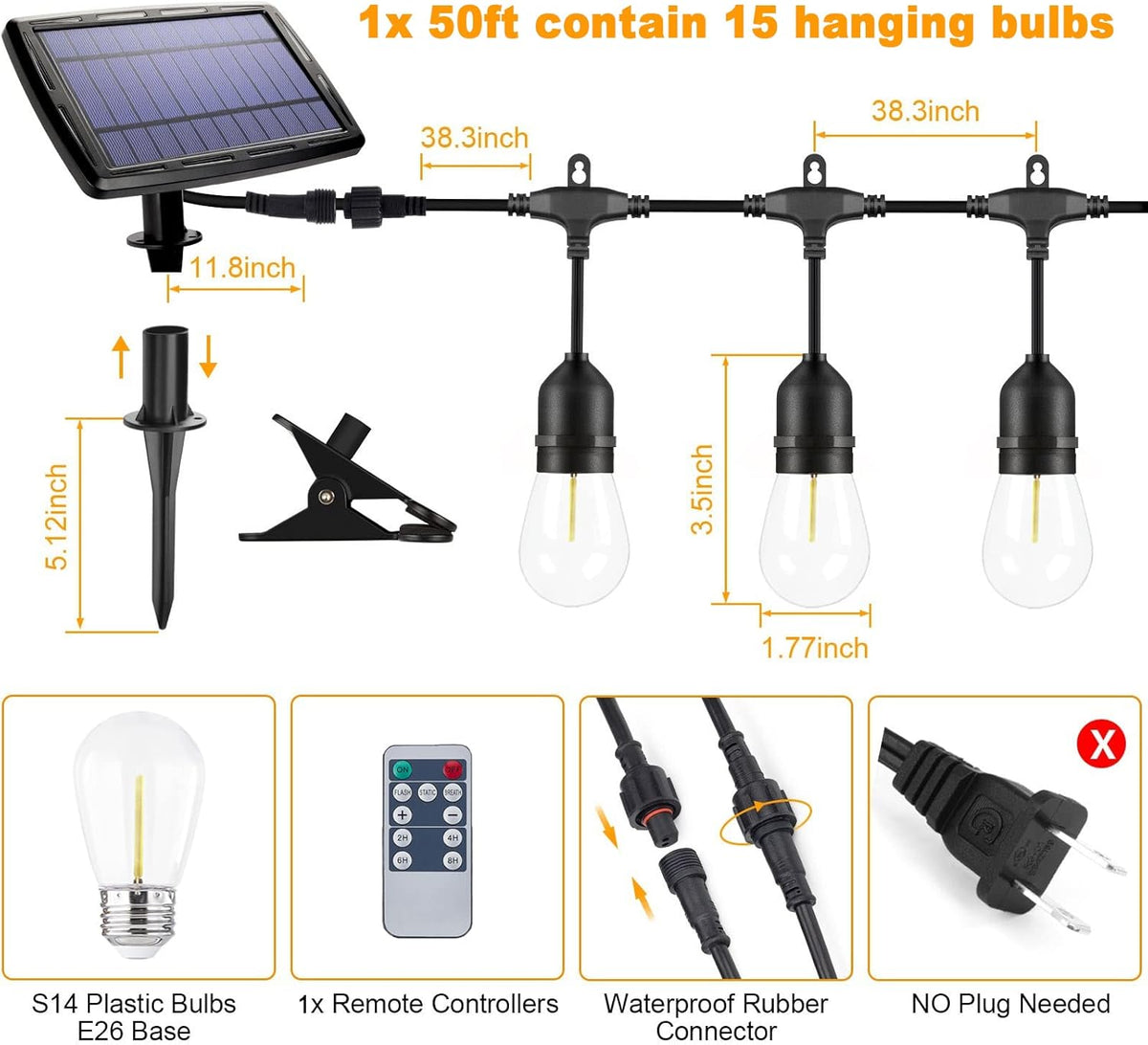 50FT Solar String Lights Outdoor with Remote, 15 Shatterproof Edison LED Bulbs, Dimmable Waterproof Color Changing Patio Lights for Garden, Backyard, Camping