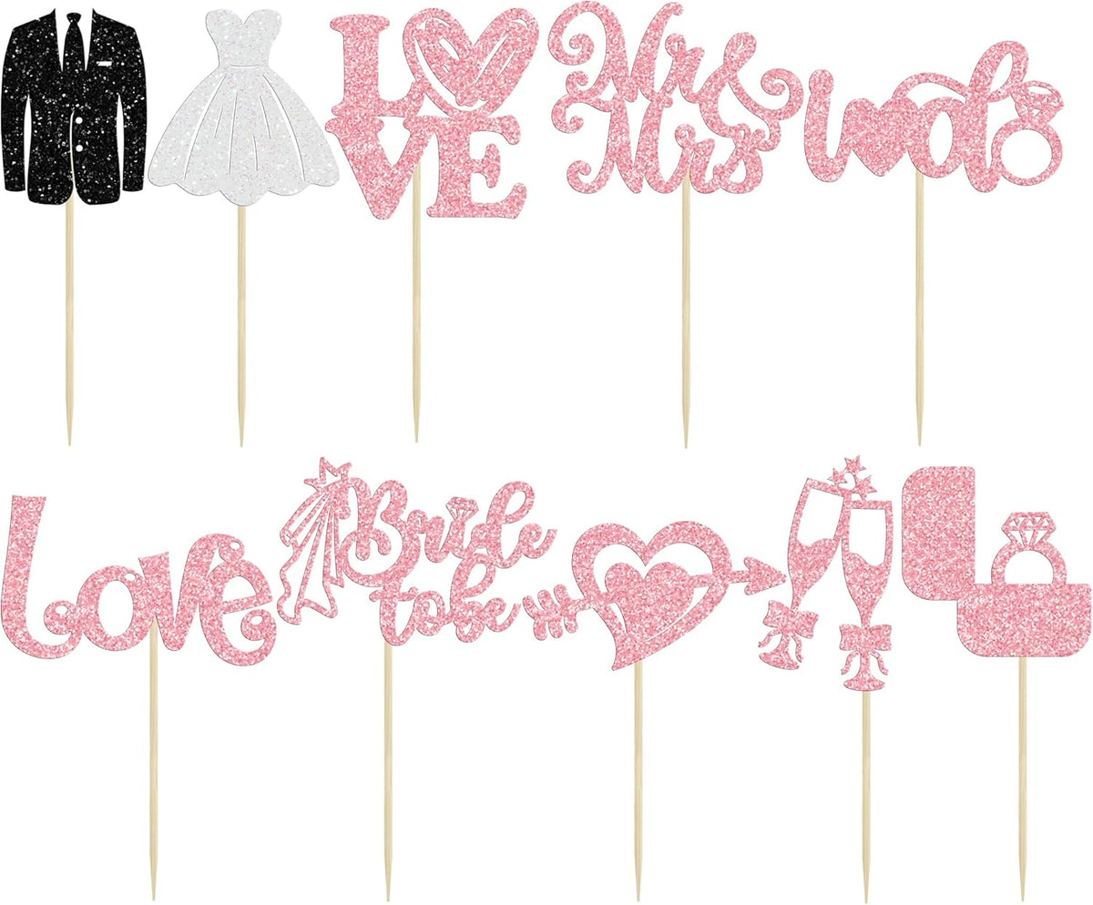 Ephlyn 30Pcs Bride to be Cupcake Toppers Glitter Wedding Cake Topper Decorations I Do Love Heart Ring Cupcake Picks for Bridal Shower Wedding Engagement Party Supplies Pink