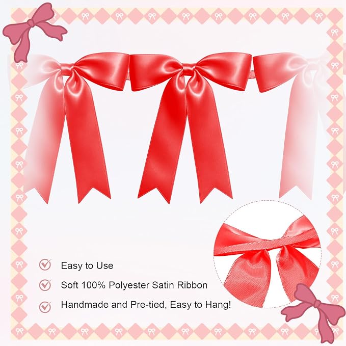 2 Strings of 16PCS Red Bow Garlands Banner Decoration, Pre-Strung Satin Ribbon - Image 3