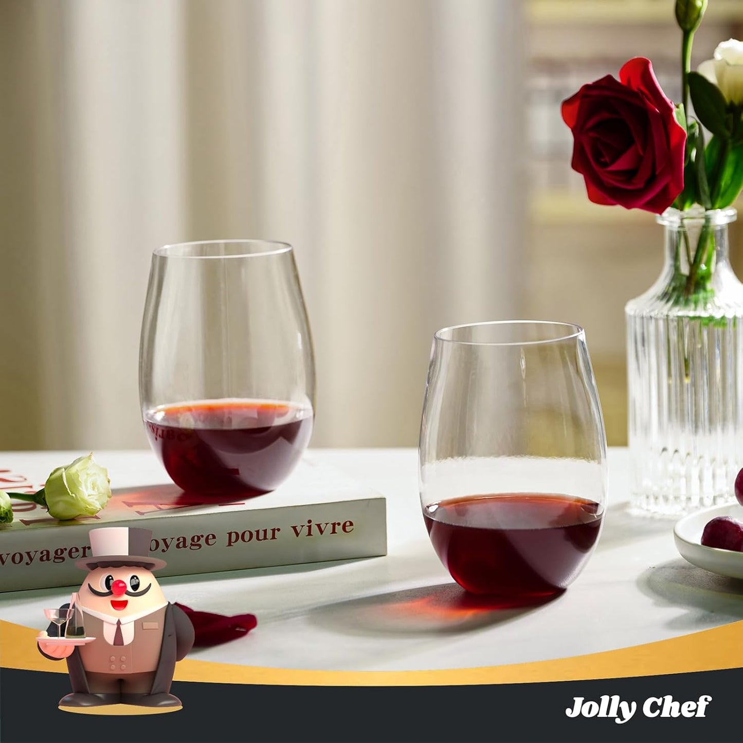 JOLLY CHEF 24 Pack 16oz Plastic Wine Glasses Stemless, Disposable Wine Cups, Premium Quality, Recyclable, Unbreakable, Crystal and BPA-Free for Party