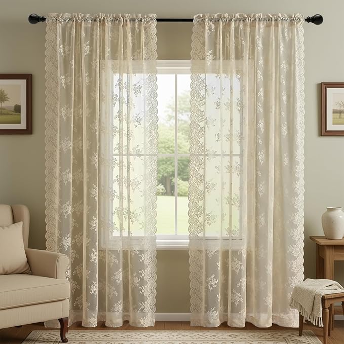 Kotile Beige Lace Sheer Curtains - Image 2