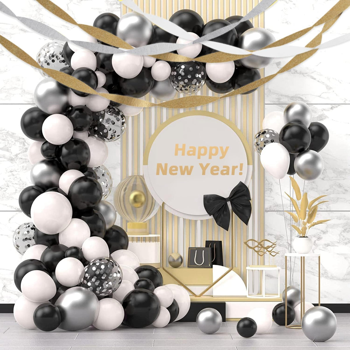 Crepe Paper Streamers 8 Rolls 656ft, Pack of Silver, Black, White and Gold Party Streamers for Christmas Birthday Wedding Baby Shower Backdrop New Years Eve Decorations (1.8Inch x 82Ft/Roll)