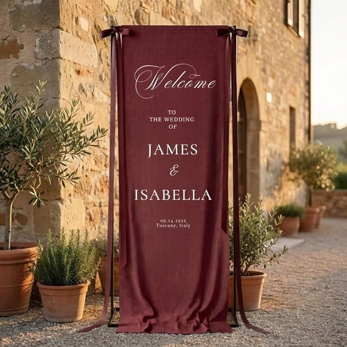 Red Linen Wedding Banner: Personalized Burgundy Welcome Sign by Custom