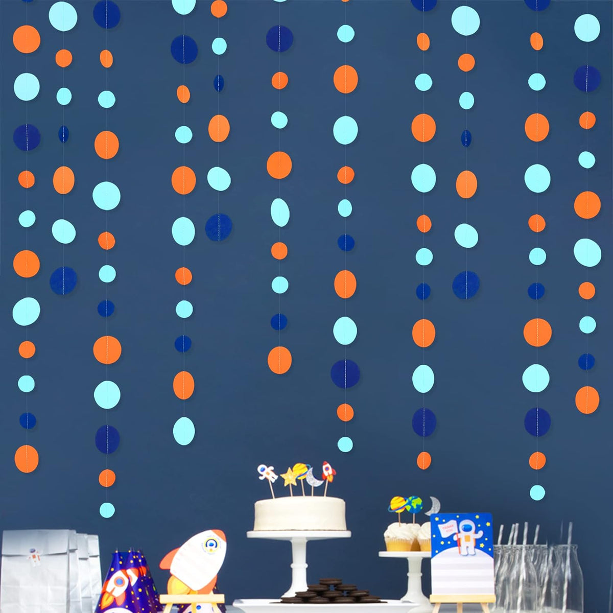 46 Ft Navy Blue Orange and Teal Circle Dots Garland Royal Blue Orange Aqua Polka Dot Hanging Paper Streamer for Birthday Wedding Bridal Baby Shower Outer Space Galaxy Theme Party Decorations Supplies