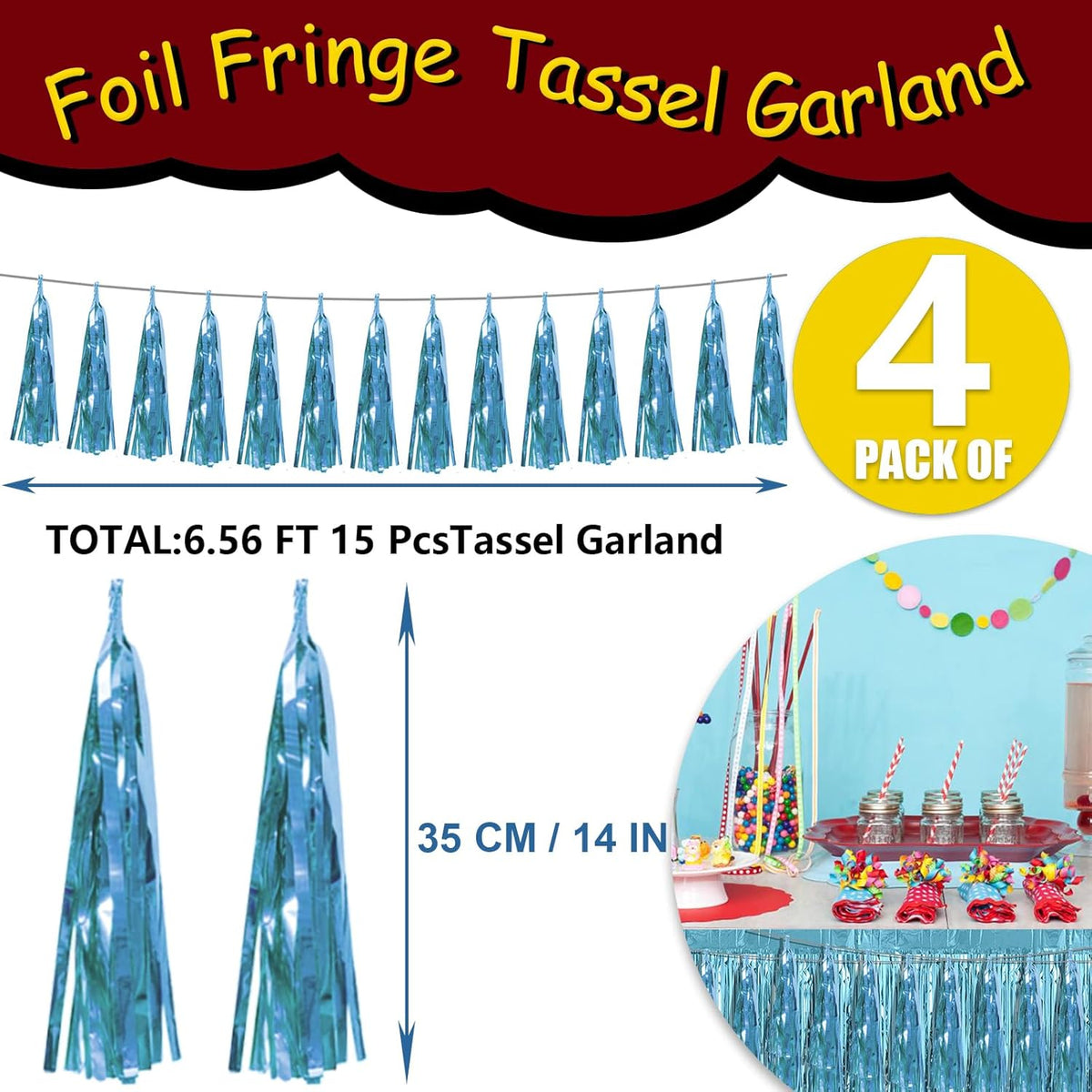 4P Light Blue Foil Fringe Tassel Banner Garland Metallic Tinsel Streamers Wall Hanging Curtain Backdrop Banner for Parade Floats, 2024 Graduation Decorations, Wedding Party Decoration