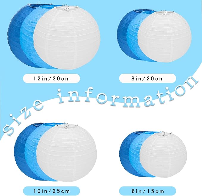 12Pcs Blue and White Paper Lanterns Set, Round Hanging Lanterns in Assorted - Image 2