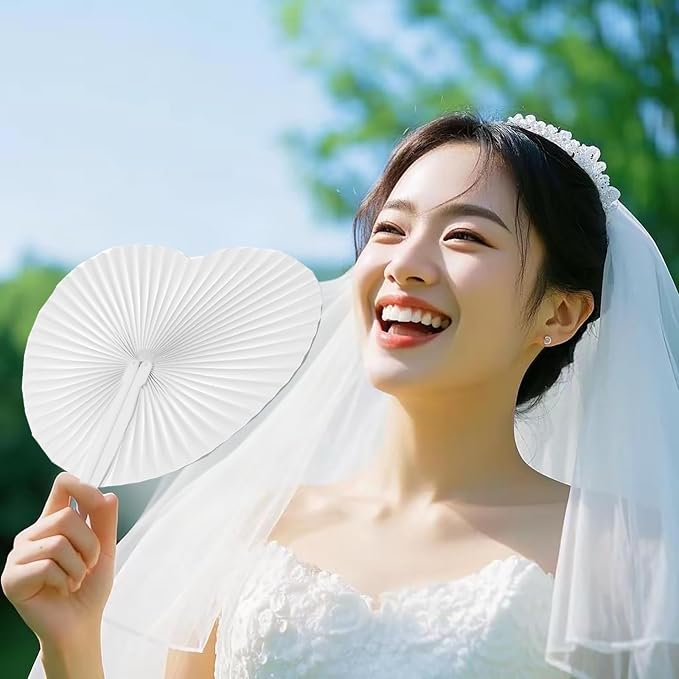 100 Pcs White Heart Paper Fans | Foldable Handheld Fans - Image 3