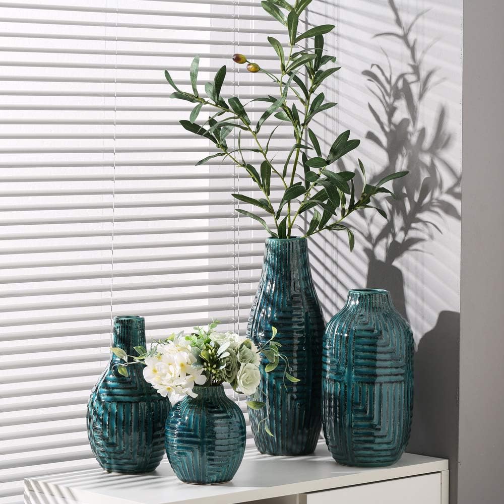 hjn Ceramic Vase - Teal Home Decor Vase, Modern Decor for Centerpieces, Living Room/Bookshelf/Mantel - Teal Texture, Medium, 13.8" H