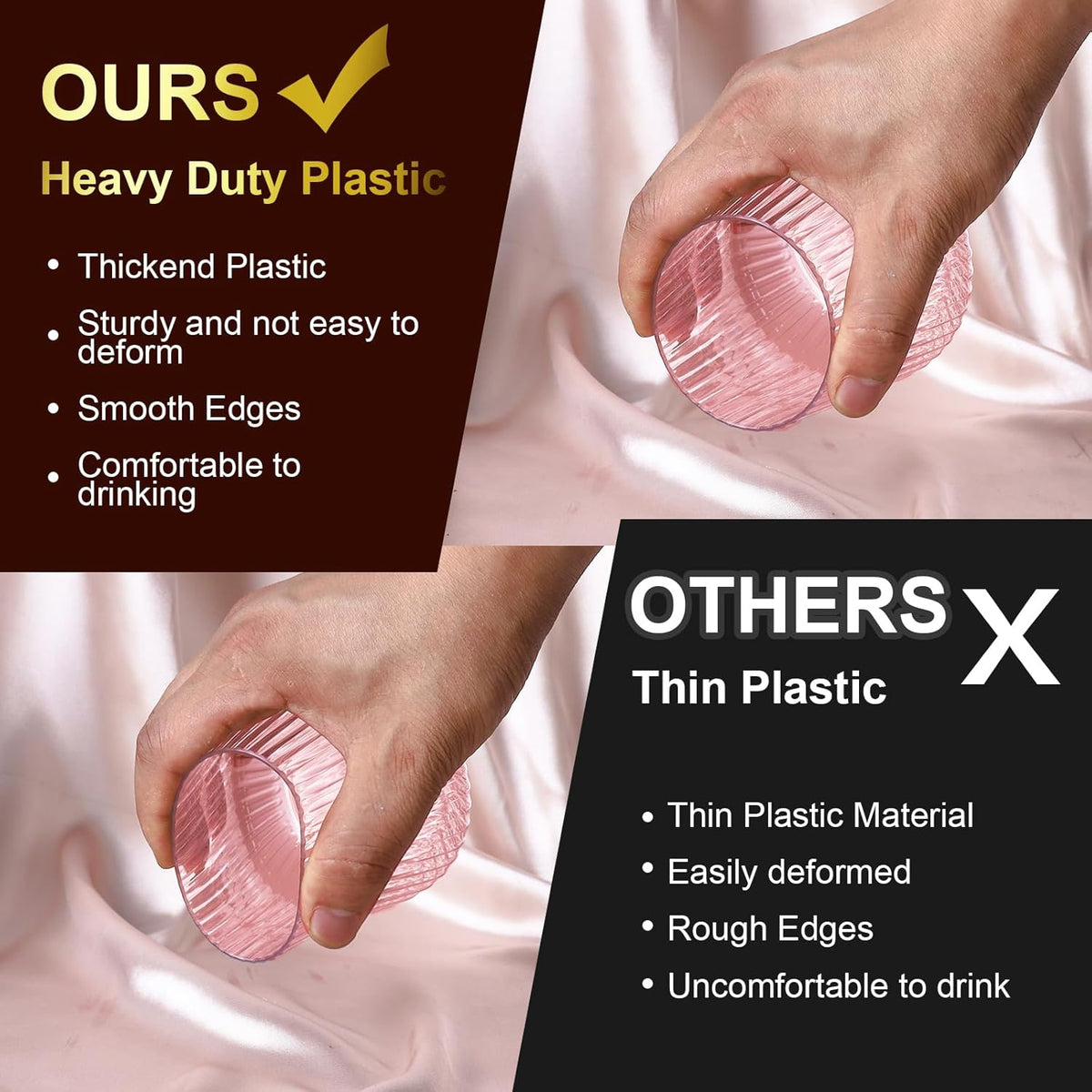 40 Pack Plastic Ribbed Wine Glasses, 14Oz Origami Disposable Wine Glasses Unbreakable Clear Plastic Cocktail Glasses Recyclable Shatterproof Reusable Wine Cups (14oz-pink-40pack)