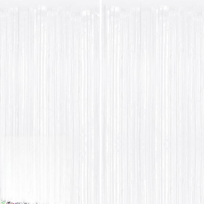 2Pack White Metallic Tinsel Foil Fringe Curtains, Fringe Backdrop by GCBPartyDecorations